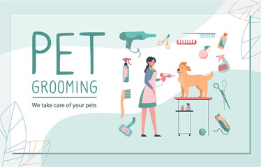 business card for the grooming salon. Illustration of a groomer taking care of the dog, blow-drying and styling. Vector in flat style.