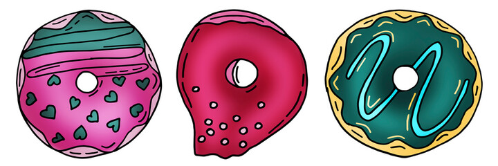 collection of donuts with cream,  glossy glaze isolated on white background. Cute glossy donuts with pink, chocolate and vanilla icing and sprinkles. For recipes, menus, culinary blogs, stationery