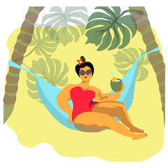 Obraz na płótnie Canvas Girl resting in a hammock enjoying a coconut cocktail