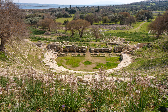 high angle view of ancient historical Teos theater with steps in on the slopes of Acropolis from Greek Roman period, Seferihisar, Izmir, Turkey - 03.08.2021.
