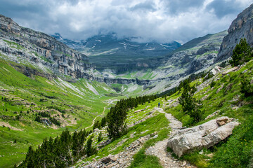 Fototapeta na wymiar Un camino de alta montaña recorre la ladera de un valle glaciar en dirección al circo atravesando praderas y pinos bajo un cielo que amenaza tormenta en el Parque Nacional de Ordesa, en los Pirineos e