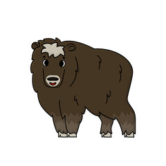 Vector cute outline cartoon Ovibos moschatus or fluffy standing muskox. Hand drawn doodle isolated illustration on white background, Side view of a baby animal.