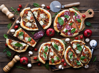 Homemade traditional italian cutted pizzas on old wood background with charry tomato and basil leaves