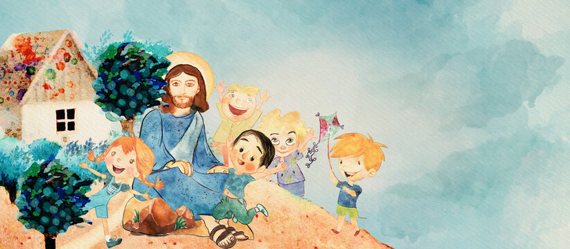 Jesus and children. Christian background for children, watercolor