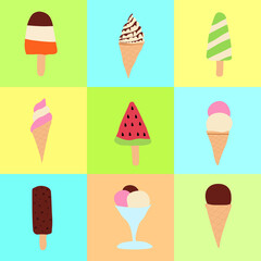 Set of ice cream on a colored background. The illustration can be used as a seamless pattern.