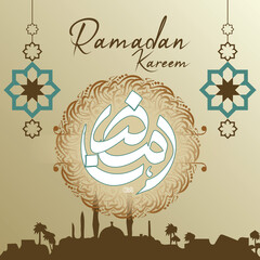 Vector - Islamic Ramadan Kareem greeting card with calligraphy and mosque shape with pattern (Translation: Ramadan)