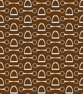 Vector seamless pattern of flat horse equestrian bit snaffle and stirrup isolated on brown background
