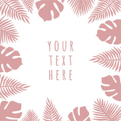 Vector hand drawn pink palm leaves silhouette frame banner isolated on white background