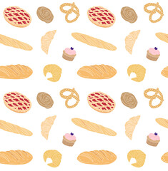 Vector seamless pattern of different color hand drawn doodle sketch bakery bread and buns isolated on white background