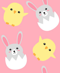 Vector seamless pattern of flat hand drawn doodle easter rabbit in egg shell and chick isolated on pink background