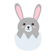 Vector flat hand drawn doodle rabbit in egg shell and happy easter lettering isolated on white background