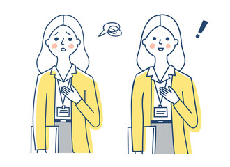 IDカードホルダーを胸に下げた女性　2表情