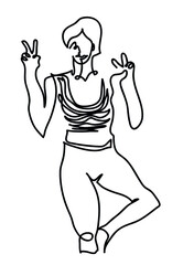 One line drawing of  fitness woman making peace sign.
One continuous line drawing of young woman making peace sign, isolated.