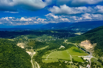 beautiful landscape, mountain river, forest and clouds