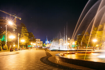 Fototapeta premium Batumi, Adjara, Georgia. Singing And Dancing Fountains Is Local Landmark At Boulevard Fountains. Night Illuminations