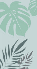 Fototapeta na wymiar Illustration with fern and monstera flowers on a blue background. Vector illustration of a trendy contemporary tropical leaf. Instagram template.
