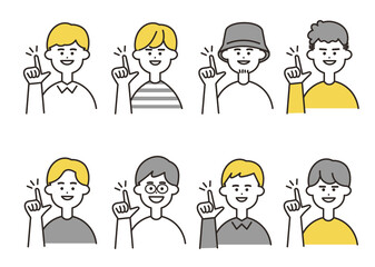 男性　ワンポイント　指さし　バストアップ　イエローカラーセット