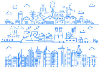 Farm Production Industry City line art vector