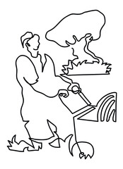 One line drawing of  fitness mother walking with stroller in park.
One continuous line drawing of joy of motherhood.