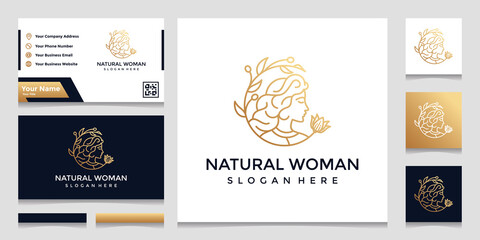 Naklejka premium a logo with a pretty face line art style and a business card design. design concept for beauty salon, massage, cosmetics.