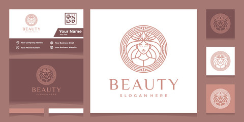 logo with pretty face line art style and crown with business card. design concept for beauty salon, massage, cosmetics.