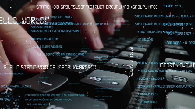 Creative visual of computer programming coding and software development shown by man working on computer keyboard with overlay of computer graphic displaying abstract program codes and computer script