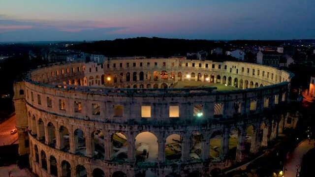 Sunset aerial view of Roman amphitheatre in Pula, Croatia