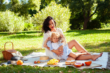 young pretty pregnant brunette woman having fun with her daughter on picnic on green grass in park, lifestyle people concept