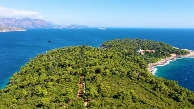 Aerial view of Lokrum island in Croatia with benedictine Monastery Of St Mary
