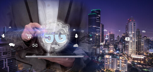 Hand holding a digital world with 5g network Smart services icons, Wireless networks, Information communication education online concept.