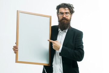 Idea copy space concept. Handsome professor holding teacher board isolated on white background.