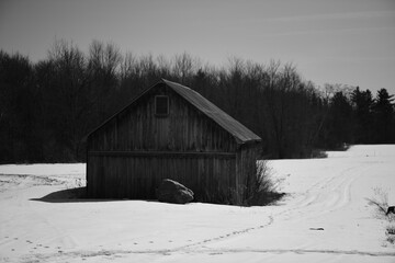 Shed In Snowy Field - Black And White