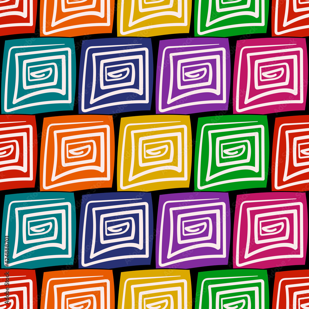 Poster Colorful Squares Snd Black Spirals Pattern. Seamless Colorful Spirals Pattern. Vector.