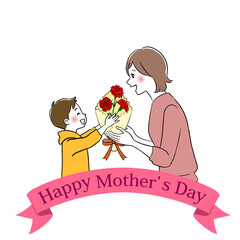 A little boy giving some flowers to his mother. Illustration for Mothers day.