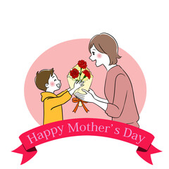 A little boy giving some flowers to his mother. Illustration for Mothers day.