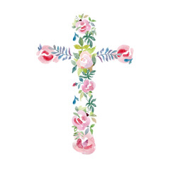 Easter watercolor natural illustration with cross sticker for beautiful Holiday design