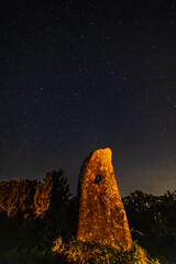 Starry sky night shots at the Holestone standing stone, Doagh, County Antrim, Northern Ireland,...