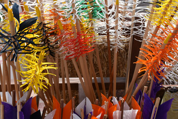 Fototapeta premium Traditional colorful Wooden Arrows vertically gathered together in a bowl