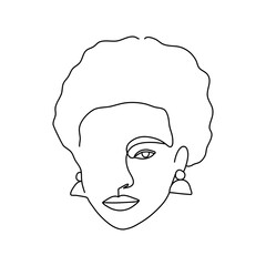 Afro woman head vector one line art drawing illustration.