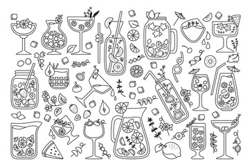 Tropical cocktails, summer juice black line set. Doodle drink and fruits. Strawberry Lemonade and Tea, Mojito and Orange fresh Smoothie menu. Flat design trendy vector illustration on black background