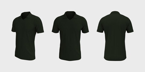 Blank collared shirt mockup, front, side and back views, tee design presentation for print, 3d rendering, 3d illustration