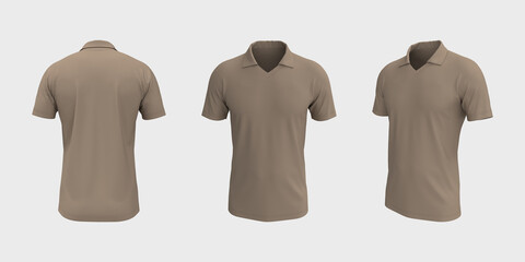 Blank collared shirt mockup, front, side and back views, tee design presentation for print, 3d rendering, 3d illustration