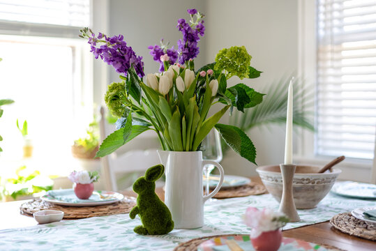 Fresh Spring Flowers On The Table For Easter Brunch