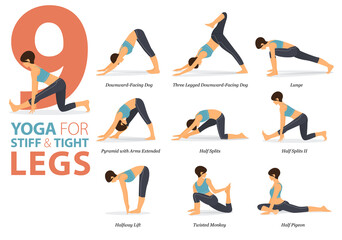 9 Yoga poses or asana posture for workout in Stiff and Tight Legs concept. Women exercising for body stretching. Fitness infographic. Flat cartoon vector