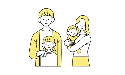 寄り添う笑顔の家族の単色イラスト	

