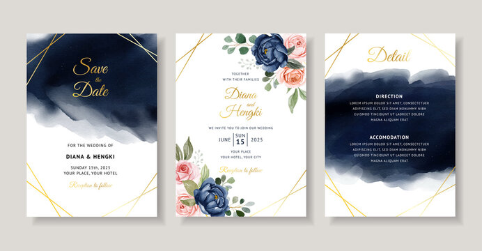 Elegant Navy Floral Watercolor Wedding Invitation Card Template