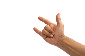 Hand gesture Clenched and extended thumbs The index finger and little finger convey the meaning of saying I love you. White background.