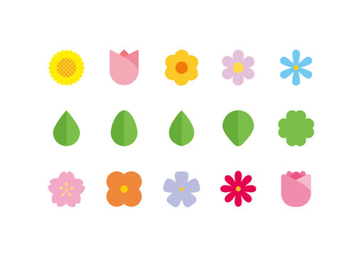 Sunflower, rose, tulip, cherry blossom, etc. Various flower icon illustrations collection.