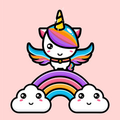vector design of cute unicorn cartoon standing on rainbow accompanied by clouds