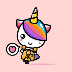 vector design of cute unicorn cartoon riding a motorbike